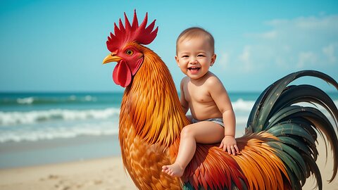 Joyful Baby on a Giant Rooster—Beach Fun! 🌊🐓❤️