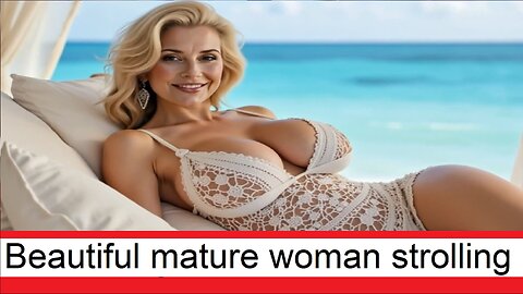 A beautiful mature woman in her 40s walks gracefully along the beach