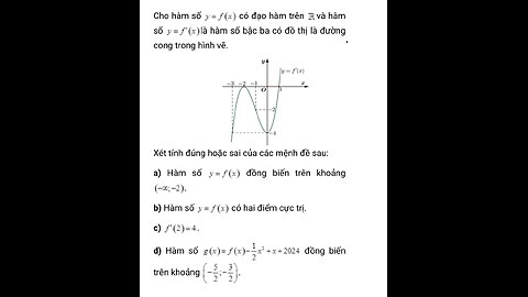 Cho hàm số y = f (x) có đạo hàm trên R và hàm số y= f'(x)là hàm số bậc ba có đồ thị là