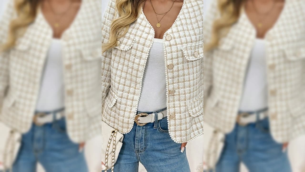 Pearl Trim Button Up Tweed Outerwear