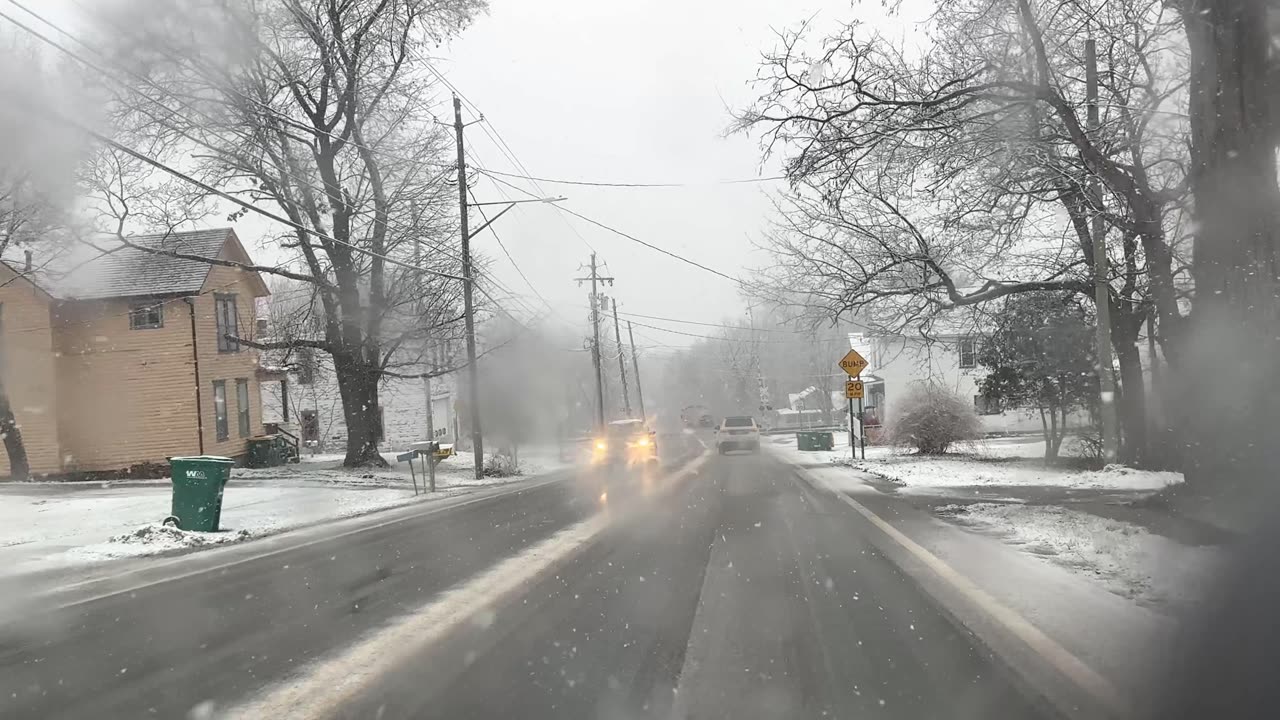 Driving through Village of WARSAW NY in Winter Snowfall - USA 4K Driving