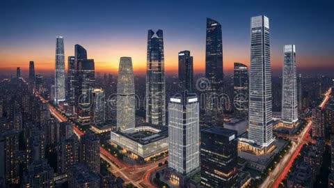 Drone Aerial View of Futuristic City Skyline at Sunset with Traffic Light Trails.