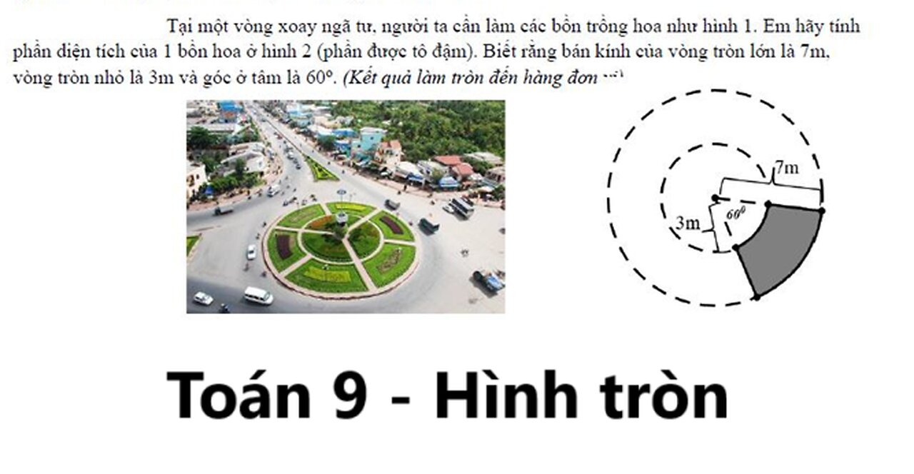 Toán 9: Hình tròn: Tại một vòng xoay ngã tư, người ta cần làm các bồn trồng hoa như hình 1. Em hãy