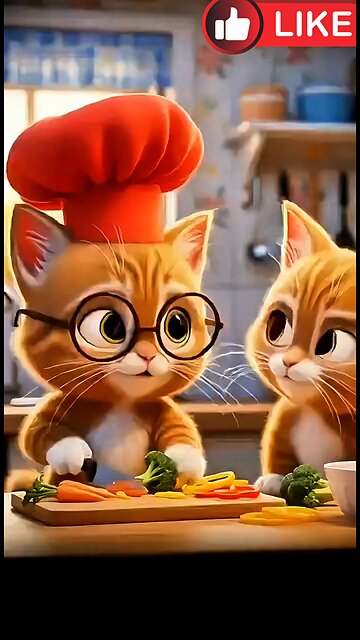 Cats working as chefs in the kitchen and eating healthy vegetables. AI generate funny entertainment