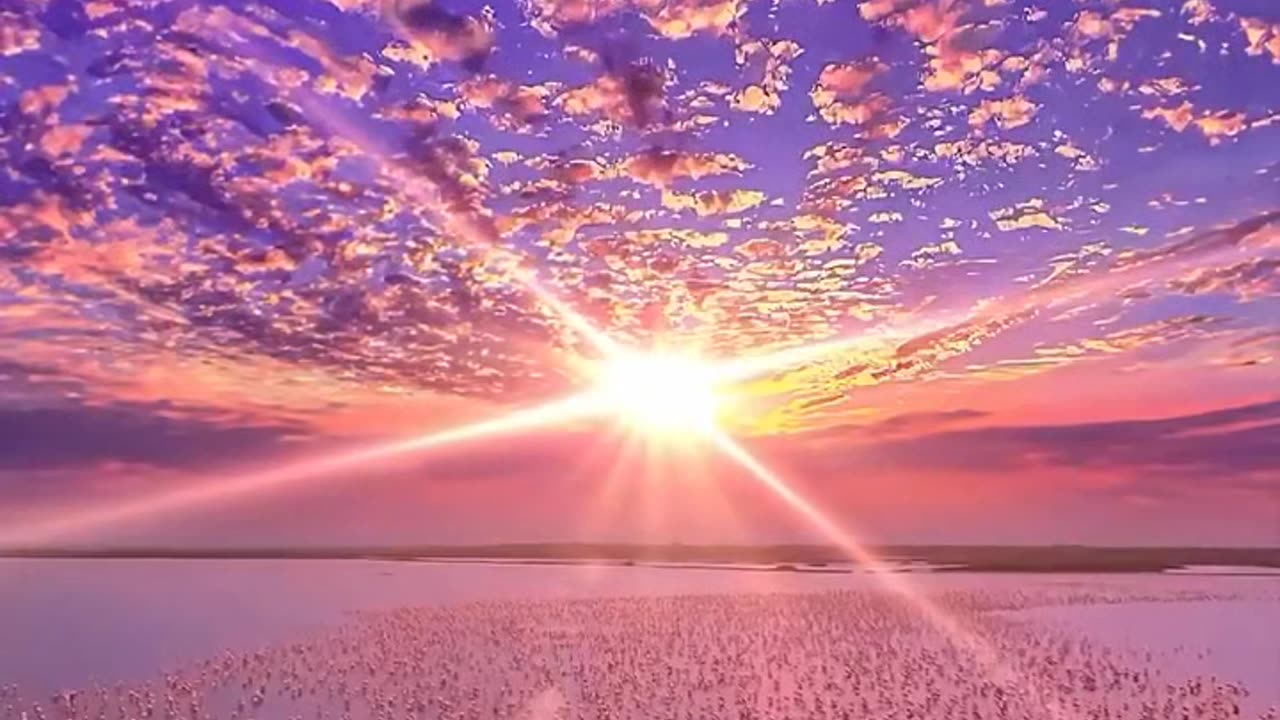 Sunset on Lake Nakuru in Kenya, with pink flamingos in the background.