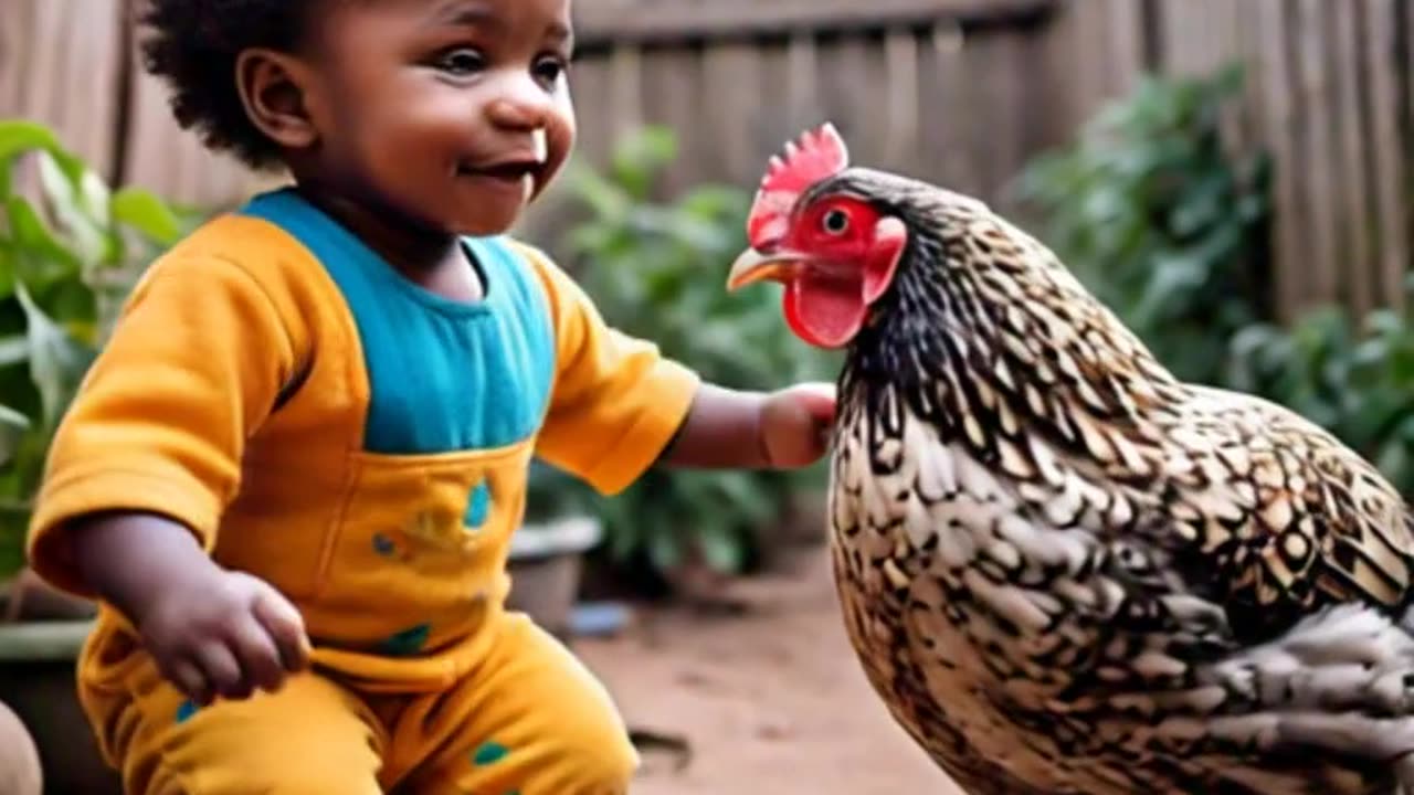 A playful 2-year-old child in a rural backyard setting, energetically facing off with a curious hen.