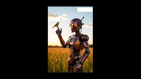 The Gentle Android: AI Robot Interacts with a Bird at Golden Hour