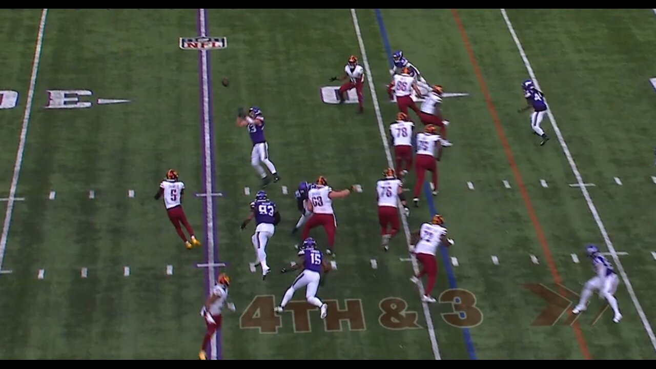 Minnesota Vikings Van Ginkel tips interception to himself for the touchdown. Jayden Daniels