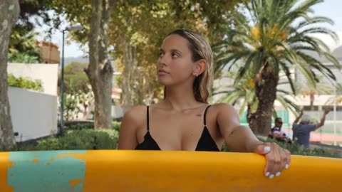 Cute Girl Walks Along Trees Path, Blond girl in Bikini