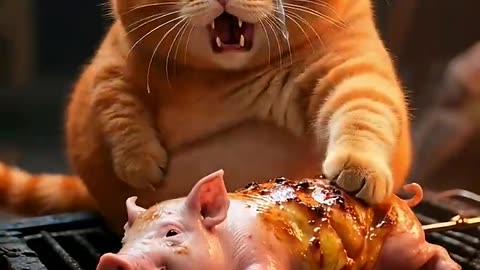 orange cat cooking pig