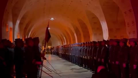 300 French army officer cadets (EMAC) singing the French anthem 'la Marseillaise'