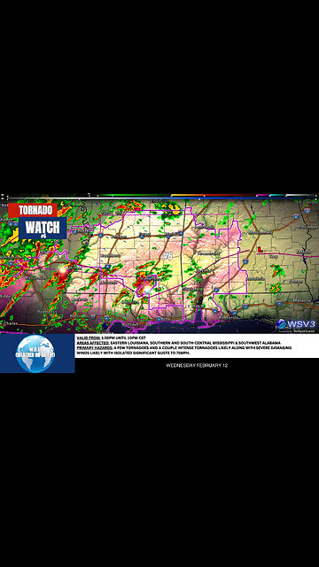 🌪️ Significant Tornado Watch: LA, MS, AL Alert Until 10 PM! 2/12/25 #shorts #weather