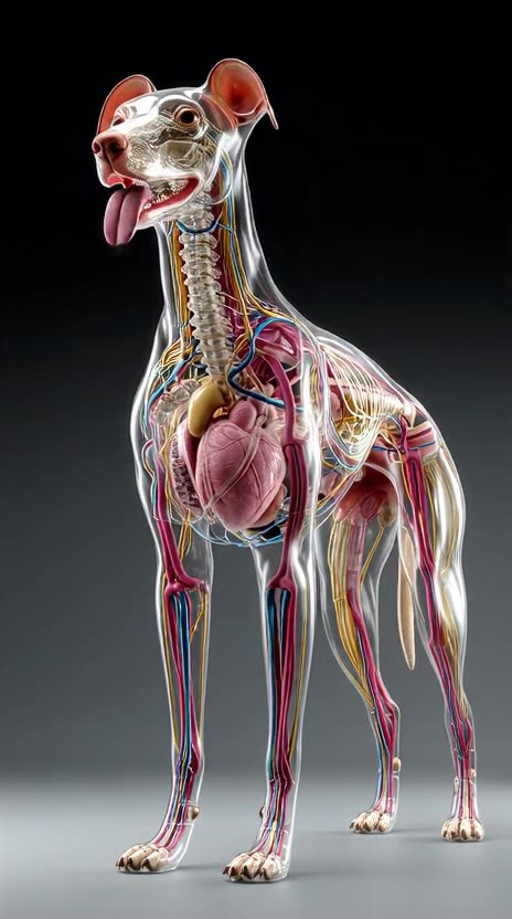 Ultra-realistic 3D render of a [Dog], anatomically accurate, with semi-transparent skin