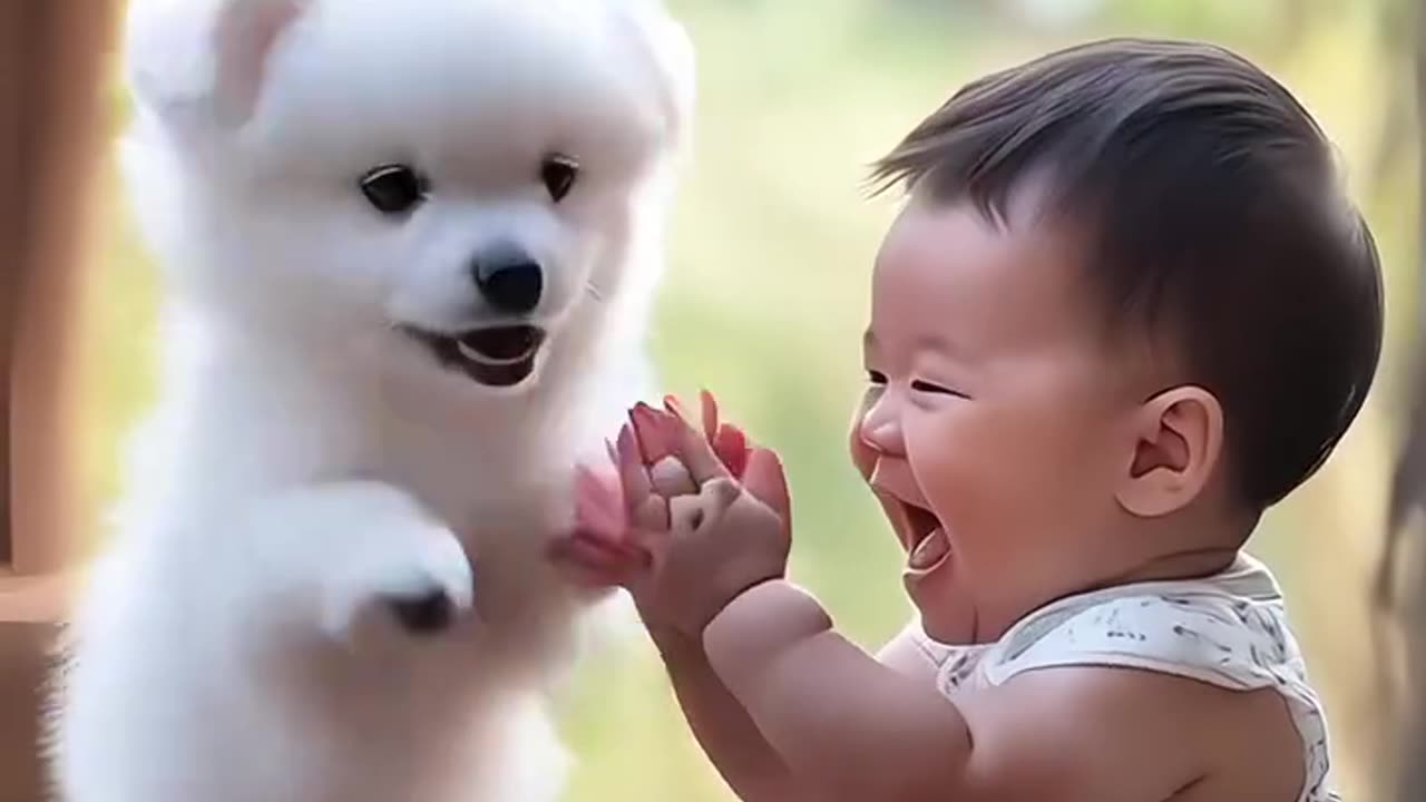 Baby laughing with cute puppy