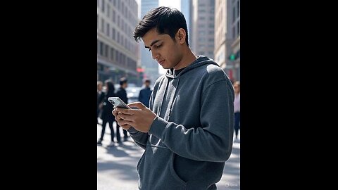 u A young man use smartphone in city