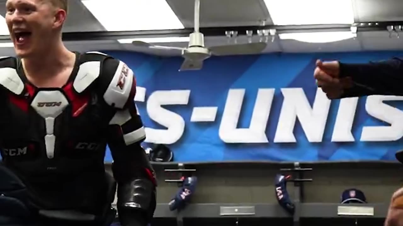 USA Hockey Team in the locker room after beating Canada