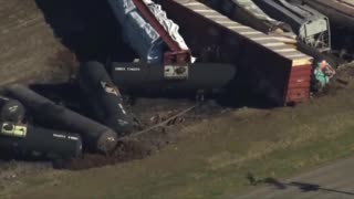 Dozens of damaged cars piled up after 31 car train derailment in Trenton, Kentucky
