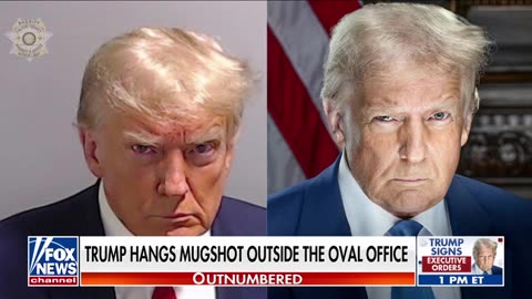 Trump Hangs His Iconic Mugshot Outside The Oval Office