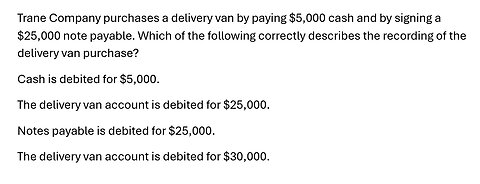 Accounting Help: Trane Company purchases a delivery van by paying $5,000 cash and by signing a