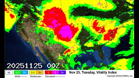 Terrible Tuesday. Migraine Plains. Asthma risk east. Nov 25 2025 wx health risk