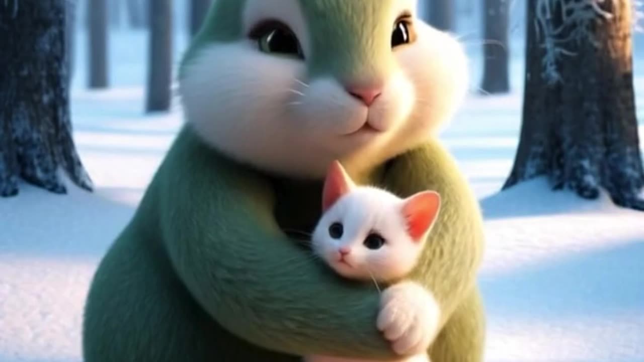 Brave little rabbit helps a hungry, cold, cute kitten