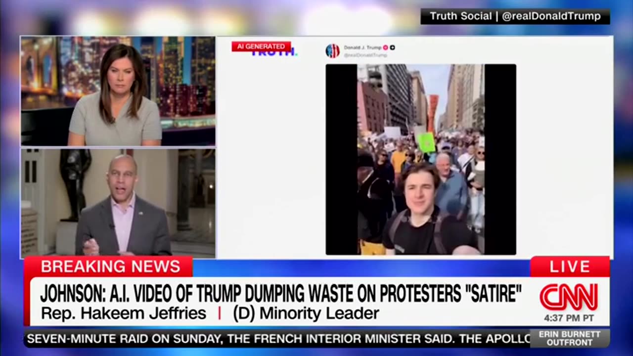 CNN Forces Hakeem Jeffries To Talk About AI Video Of Trump Dropping Poop On Protesters