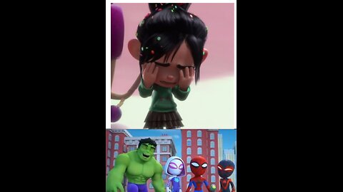 Team Spidey and hulk laughs at vanellope crying