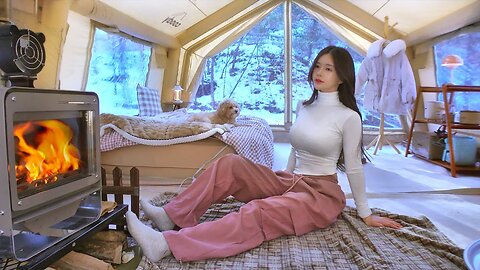 🥶 - Air tent life with a warm wood stove in the -11 degree cold wave ｜ Spicy stir-fried pork only