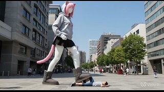 gigantic Mannequin girl walk and step on the miniature man