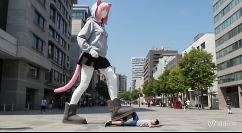 gigantic Mannequin girl walk and step on the miniature man