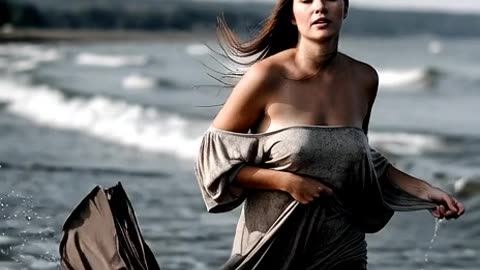 A woman runs through the sea, removing her dress in a dynamic pose, with a vast water backdrop.