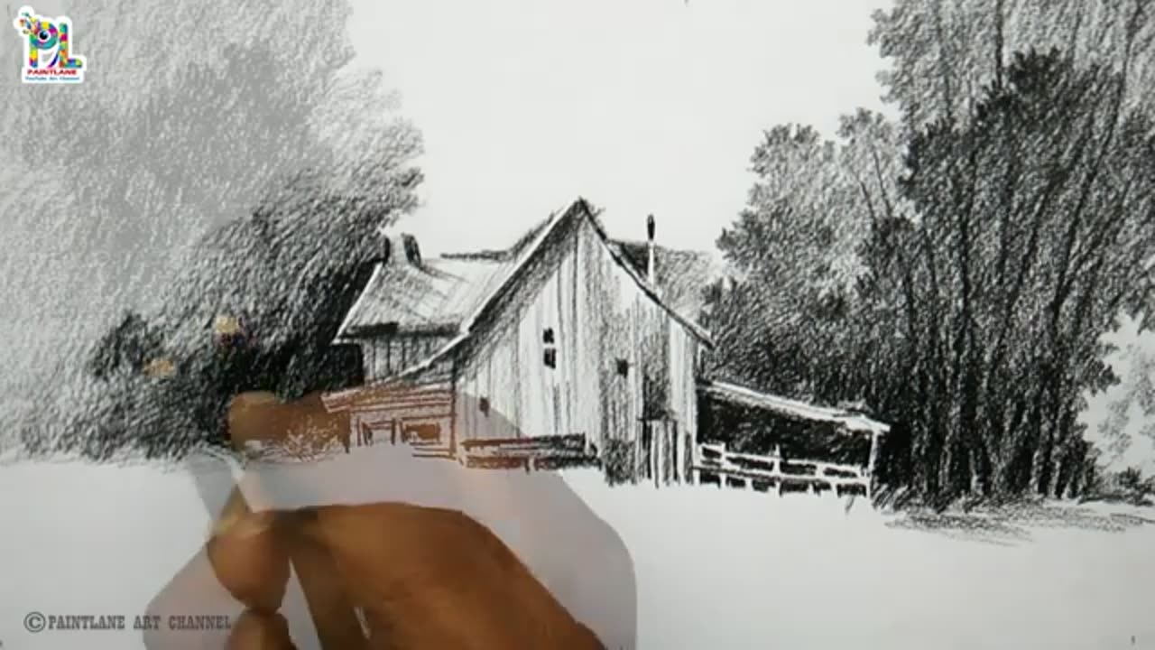 Old wooden house in a Scenery Art With Charcoal Pencil || PAINTLANE