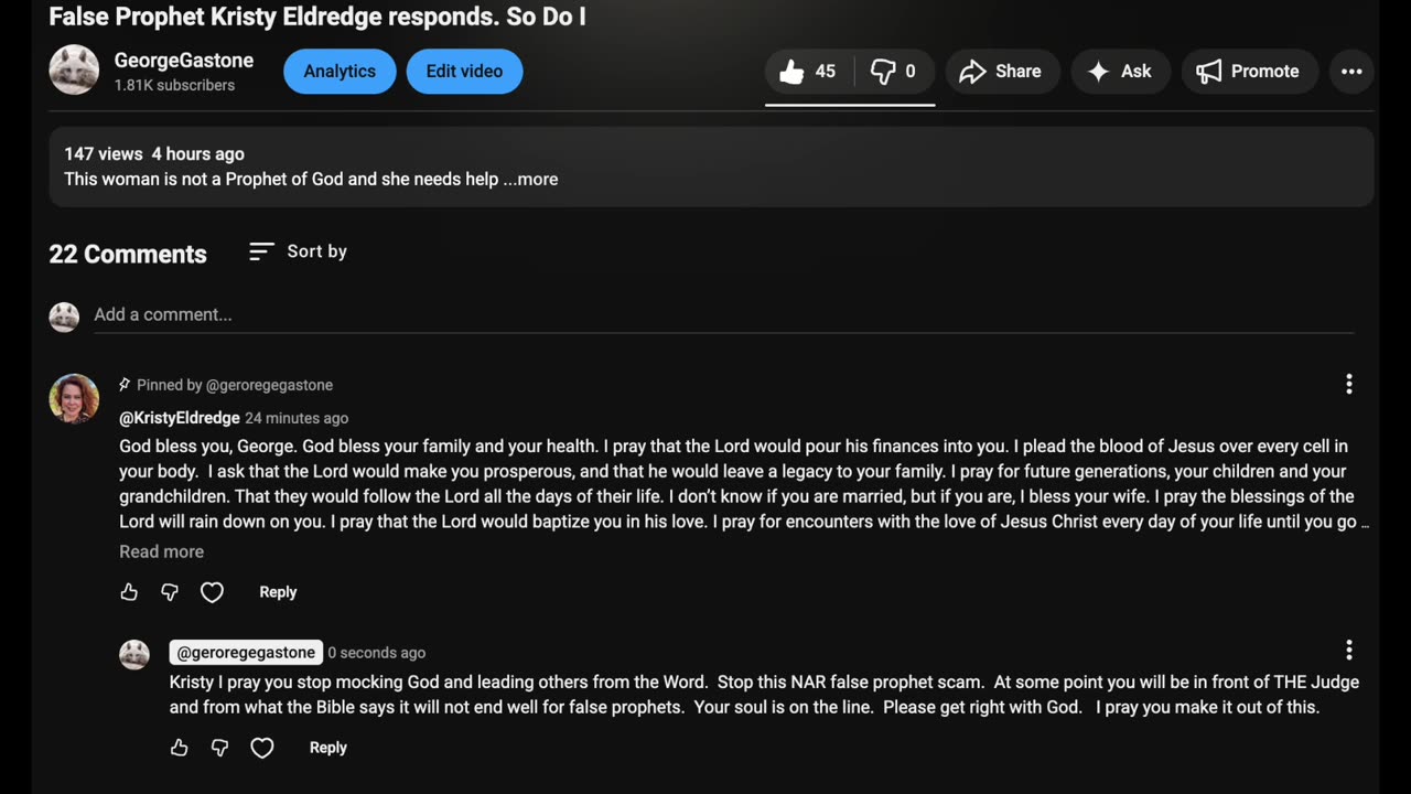 False Prophet Kristy leaves a comment on the video