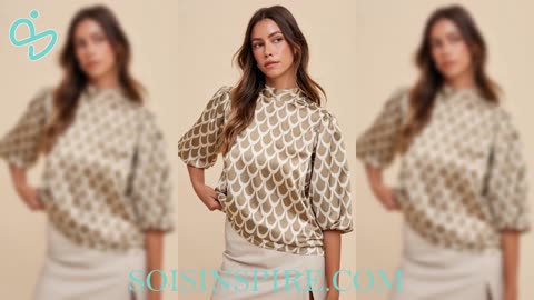 Annie Wear Tie Back Abstract Print Mock Neck Half Sleeve Blouse