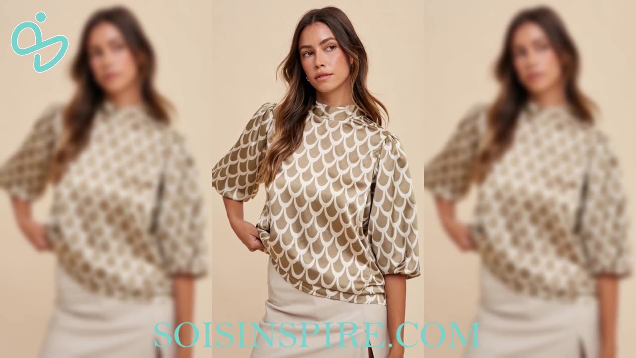 Annie Wear Tie Back Abstract Print Mock Neck Half Sleeve Blouse