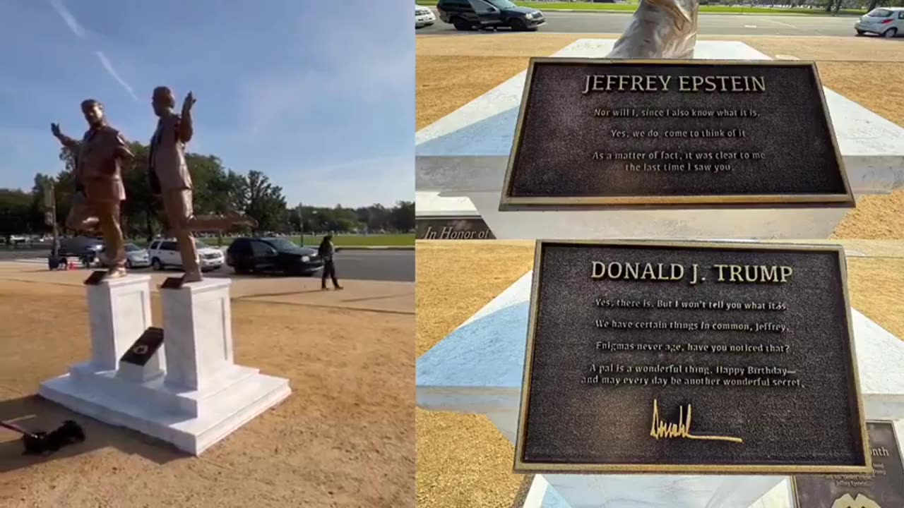 STATUE OF EPSTEIN AND TRUMP HOLDING HANDS APPEARS NEAR THE WHITE HOUSE