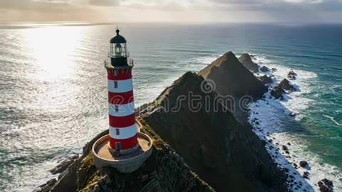Red and White Striped Lighthouse on Rocky Cliff Cape Palliser Wairarapa.