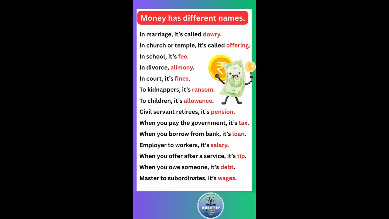 Money has different meaning and names according to uses in sentence #english #money #shorts