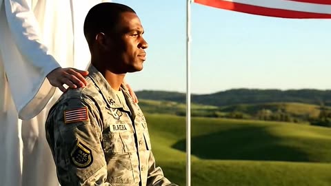 American military solder being watched over by angels on a battlefield