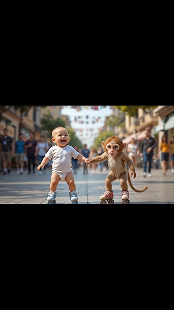 Adorable Skating Buddies: Baby and Monkey's Joyful Ride!