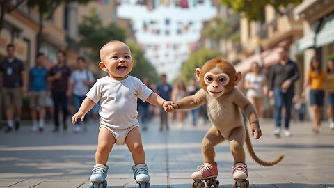 Adorable Skating Buddies: Baby and Monkey's Joyful Ride!