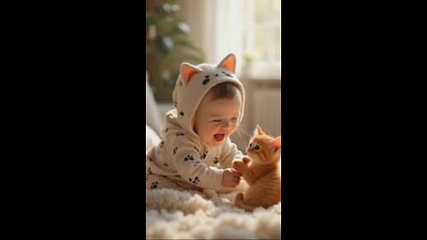 baby are playing with the cat funny