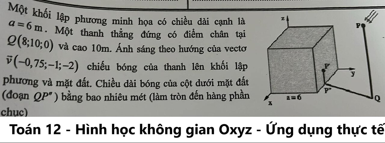 Toán 12: Một khối lập phương minh họa có chiều dài cạnh là a=6m. Một thanh thẳng đứng có điểm chân