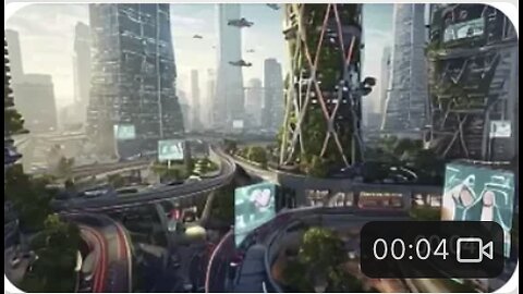 A detailed CGI image of a futuristic cityscape with towering skyscrapers, flying cars, lush