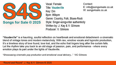 "Vaudeville" (Key Dm) 86bpm (2025) S4S (Songs 4 Sale) for Female Vocal