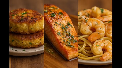Seafood Trio Feast 🦀🐟🍤 Crab Cakes • Garlic Butter Salmon • Shrimp Scampi | FlavorVille