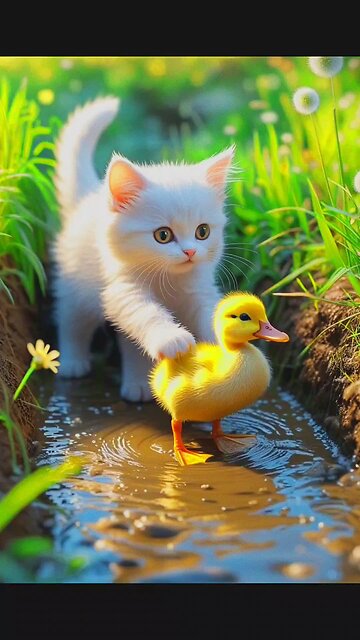 Cute cat and baby Duck 🦆
