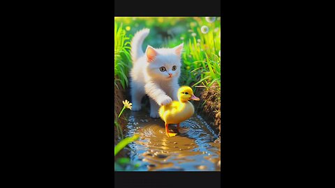 Cute cat and baby Duck 🦆