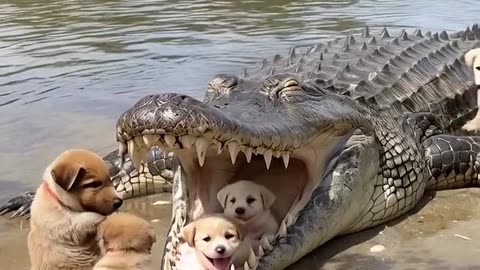 The puppies are playing with the alligator 3