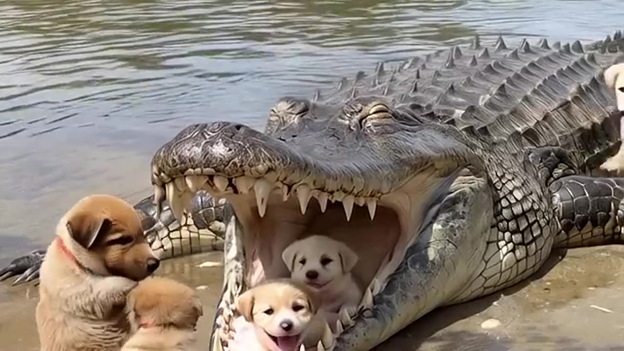 The puppies are playing with the alligator 3